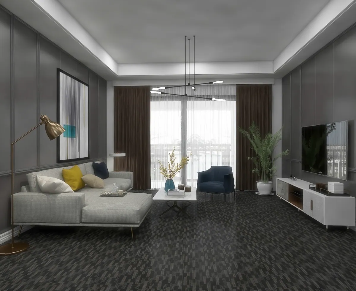 Textile-look design visualised in a furnished room