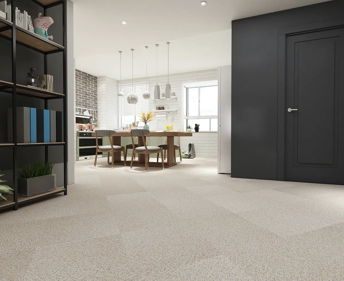 Stone-look design visualised in a furnished room