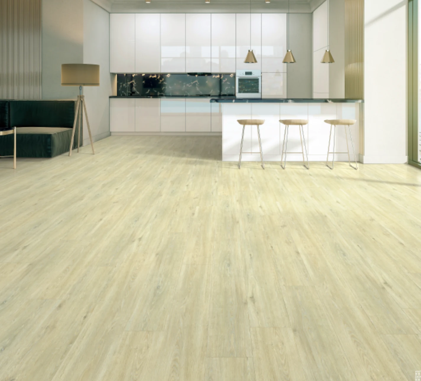 Light wood-look flooring in a contemporary kitchen